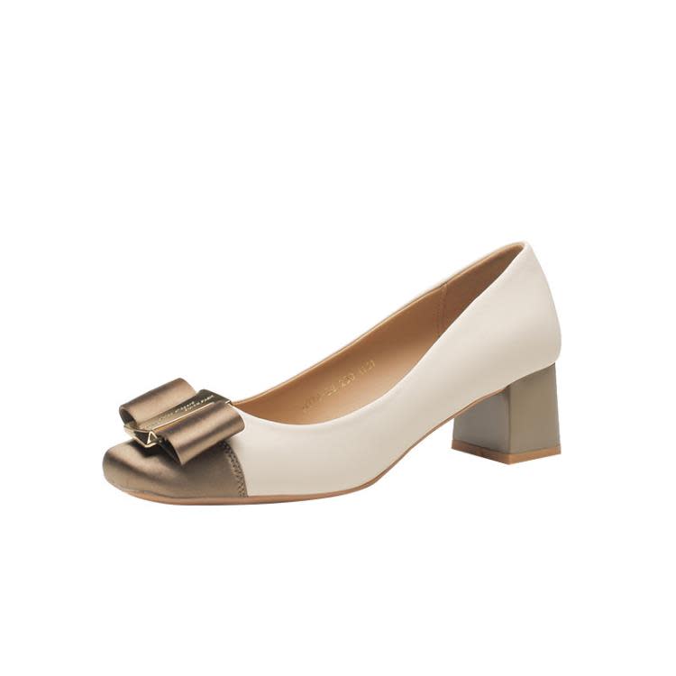 高跟鞋 H978-29羊皮內墊粗跟女鞋拼接皮綢緞面時裝單鞋金屬扣5CM跟鞋-細節圖6