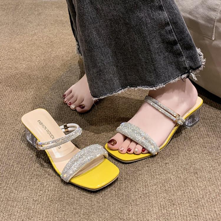 高跟鞋 二穿涼拖鞋女2023年夏季新款方頭百搭網紅水鉆性感粗跟涼鞋女-細節圖2