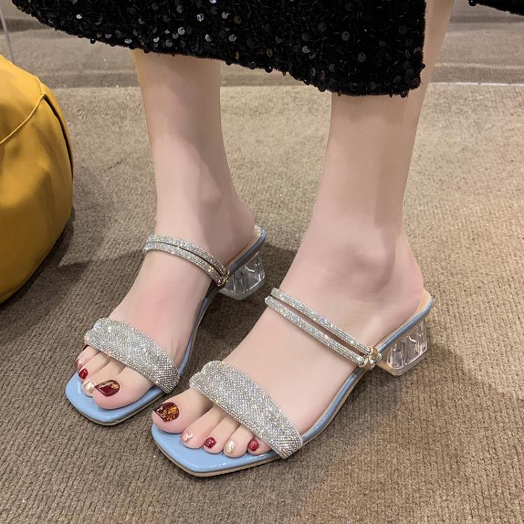 高跟鞋 二穿涼拖鞋女2023年夏季新款方頭百搭網紅水鉆性感粗跟涼鞋女-細節圖3