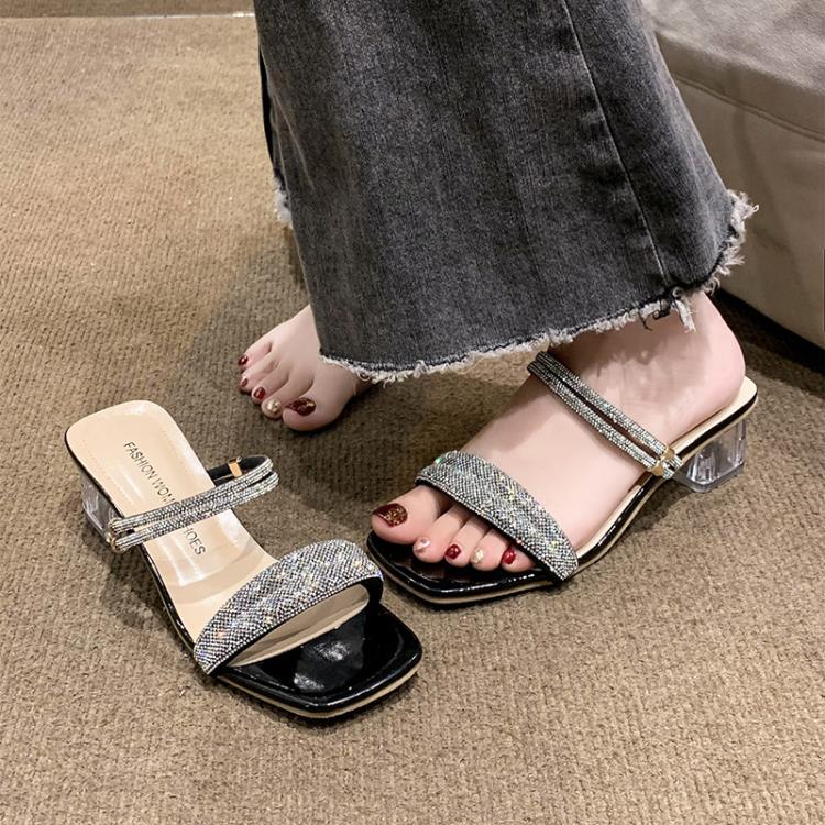 高跟鞋 二穿涼拖鞋女2023年夏季新款方頭百搭網紅水鉆性感粗跟涼鞋女-細節圖4