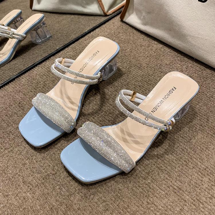 高跟鞋 二穿涼拖鞋女2023年夏季新款方頭百搭網紅水鉆性感粗跟涼鞋女-細節圖6