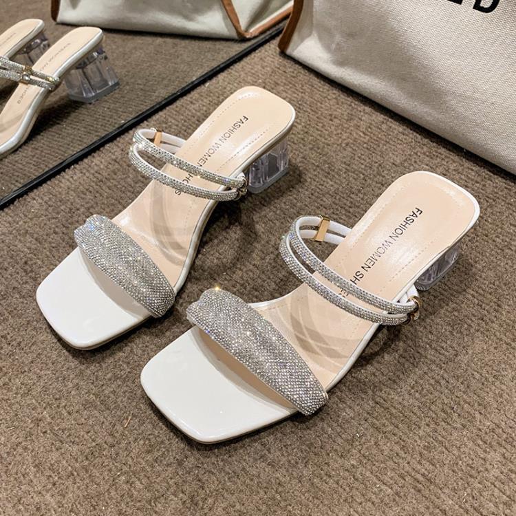 高跟鞋 二穿涼拖鞋女2023年夏季新款方頭百搭網紅水鉆性感粗跟涼鞋女-細節圖7