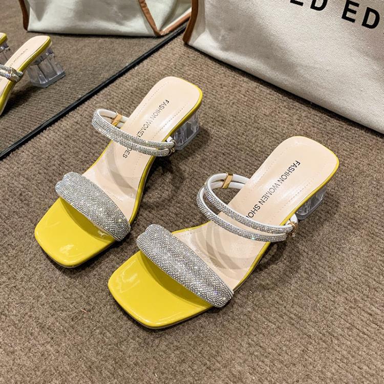 高跟鞋 二穿涼拖鞋女2023年夏季新款方頭百搭網紅水鉆性感粗跟涼鞋女-細節圖8