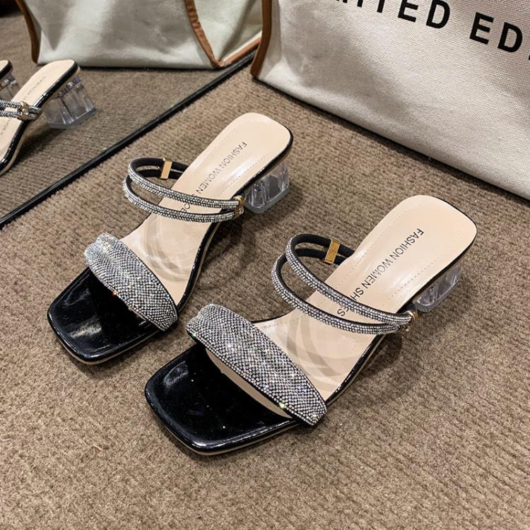 高跟鞋 二穿涼拖鞋女2023年夏季新款方頭百搭網紅水鉆性感粗跟涼鞋女-細節圖9