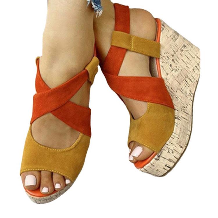 厚底鞋 2023歐美夏季魚嘴歐美女式拼色涼鞋松緊坡跟女鞋-細節圖5