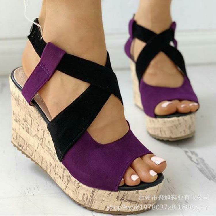 厚底鞋 2023歐美夏季魚嘴歐美女式拼色涼鞋松緊坡跟女鞋-細節圖9