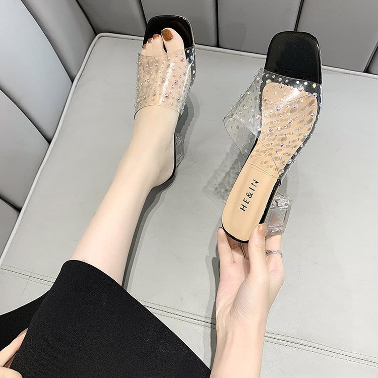 高跟鞋 35-45碼大碼女鞋41肥腳露趾涼鞋女正韓氣質透明一字帶涼拖42-細節圖2