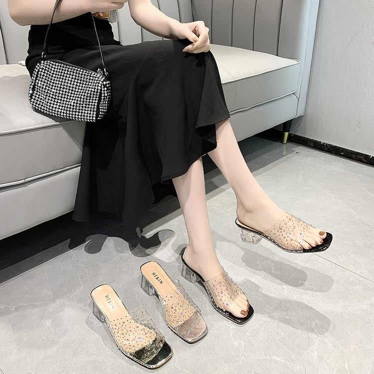 高跟鞋 35-45碼大碼女鞋41肥腳露趾涼鞋女正韓氣質透明一字帶涼拖42-細節圖3