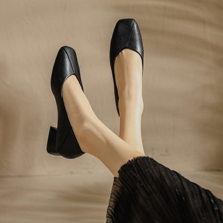 方跟單鞋女2023夏季新款淺口豆豆鞋復古休閒方頭晚晚氣質奶奶鞋-細節圖3