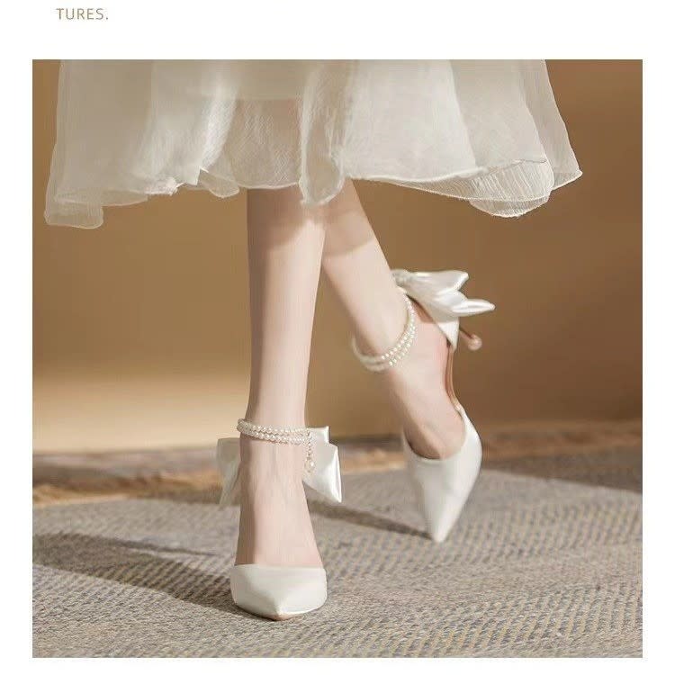 高跟鞋 法式婚鞋高級感婚紗新娘鞋2023年新款禮服鞋女夏季白色氣質鞋-細節圖2