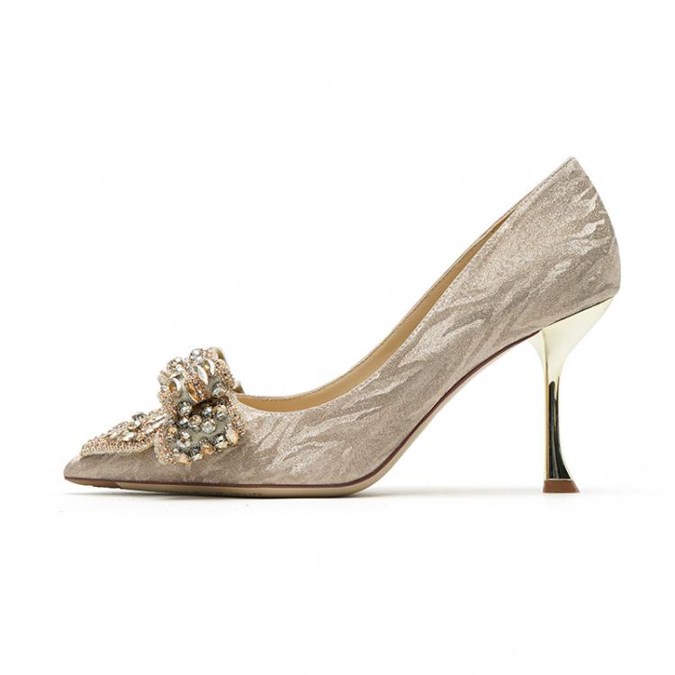 2023秋季婚鞋細跟尖頭法式蝴蝶結香檳金色水晶鉆石不累腳婚紗鞋子-細節圖5