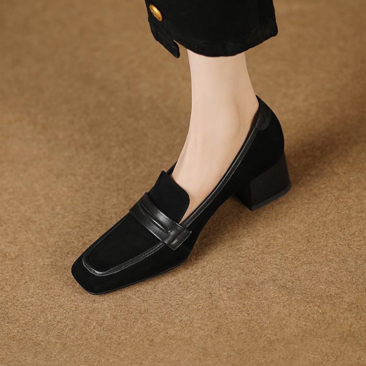 中跟鞋 復古單鞋2023春季新款女鞋粗跟時裝鞋方頭中口低幫鞋-細節圖3