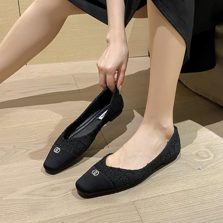 豆豆鞋 小香風單鞋女平底2023新款春季百搭黑白拼色鞋淺口軟底瓢鞋女-細節圖3
