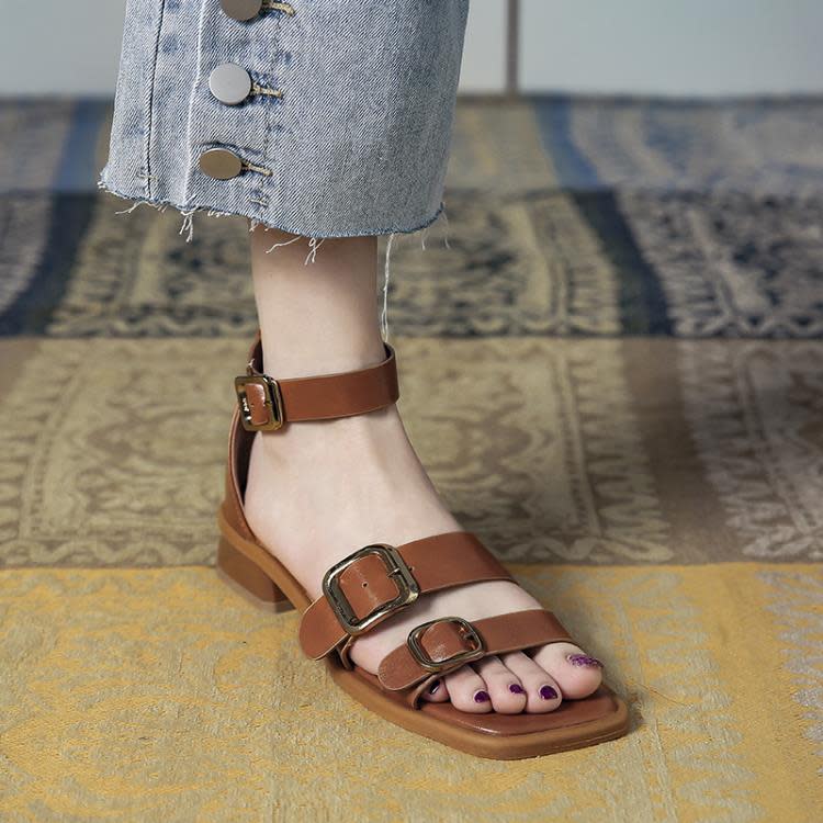 方頭春夏季新款高跟粗跟扣帶正韓一字時尚涼鞋女鞋學院風學生鞋-細節圖2