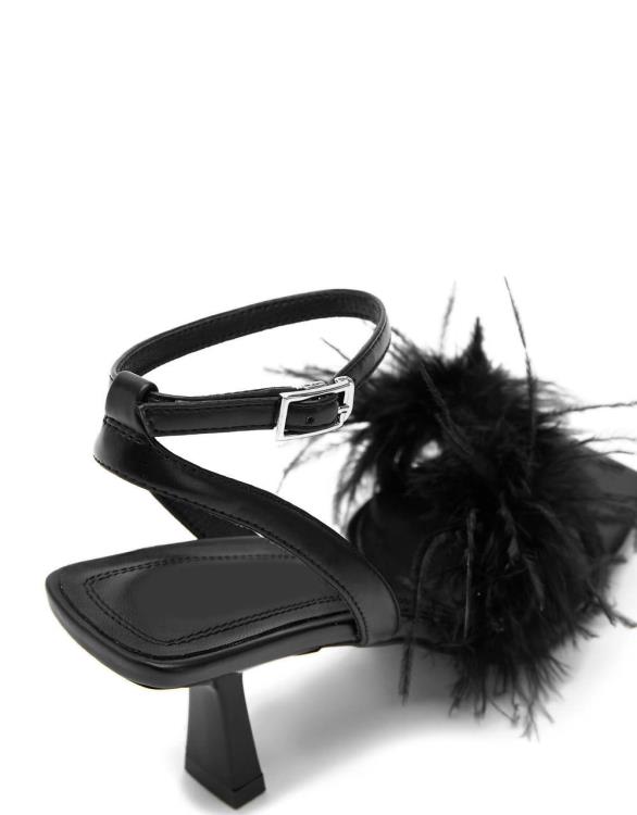 高跟鞋 2023新款純色毛毛方頭一字扣帶細跟時尚走秀款大碼涼鞋女-細節圖4