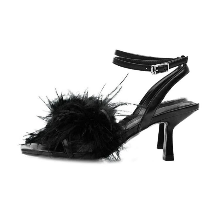 高跟鞋 2023新款純色毛毛方頭一字扣帶細跟時尚走秀款大碼涼鞋女-細節圖5