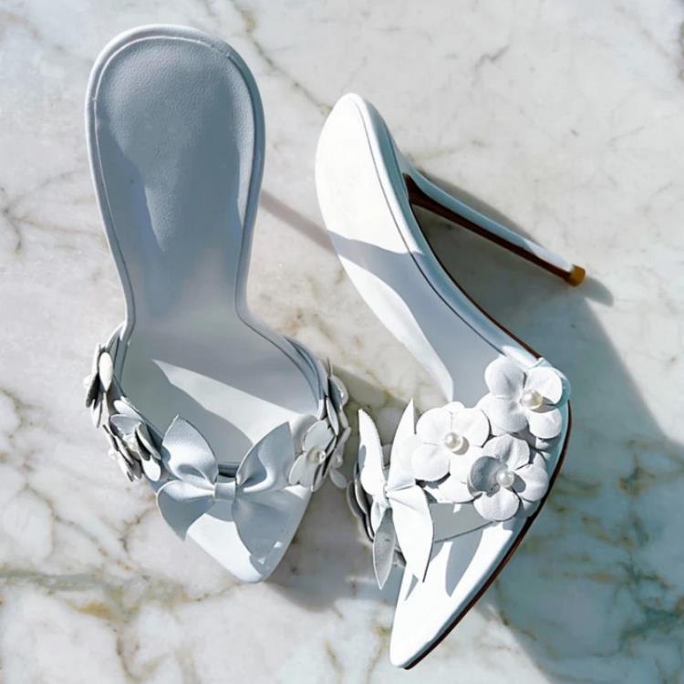 高跟鞋 2023新款歐美走秀尖頭魚嘴細跟超花朵大碼一字帶拖鞋女-細節圖2
