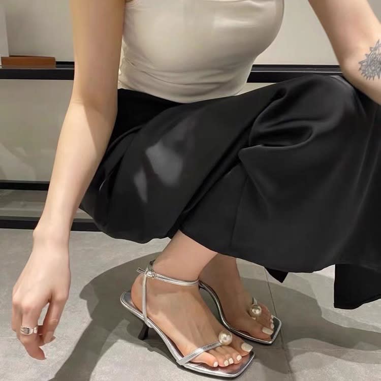 中跟鞋 法式涼鞋2023年新款女夏季百搭細跟小個子氣質名媛黑色高跟鞋-細節圖2