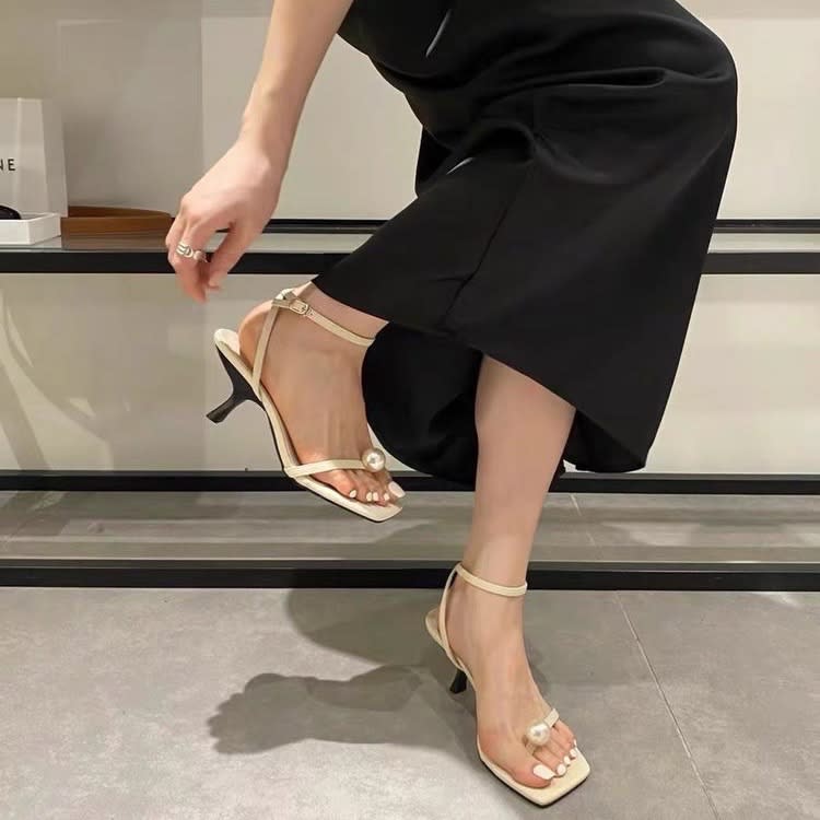 中跟鞋 法式涼鞋2023年新款女夏季百搭細跟小個子氣質名媛黑色高跟鞋-細節圖3