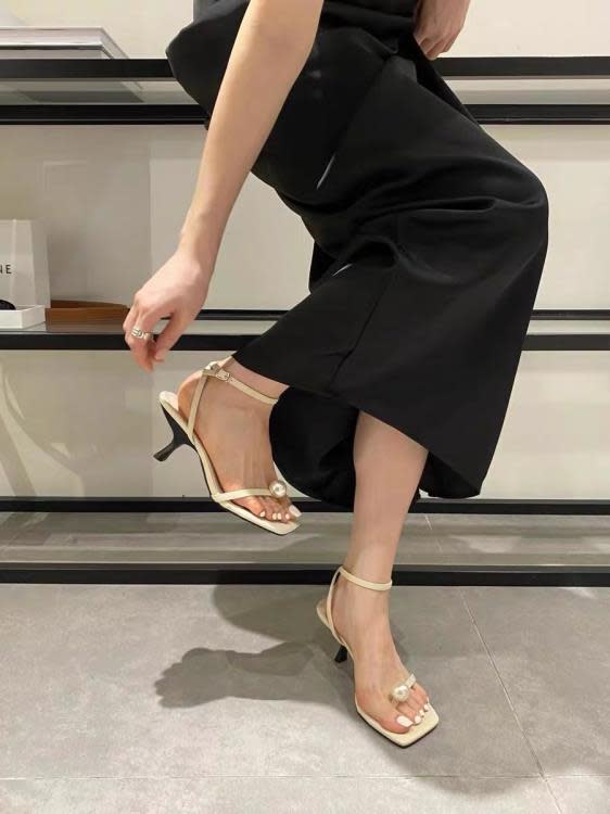 中跟鞋 法式涼鞋2023年新款女夏季百搭細跟小個子氣質名媛黑色高跟鞋-細節圖6