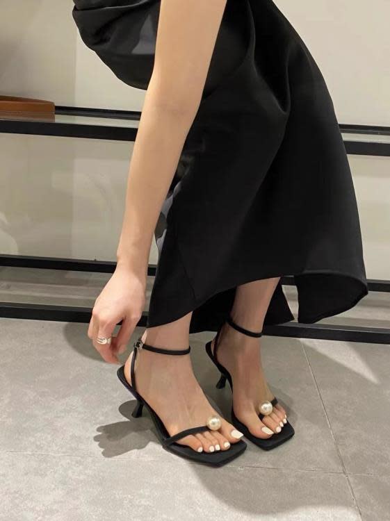 中跟鞋 法式涼鞋2023年新款女夏季百搭細跟小個子氣質名媛黑色高跟鞋-細節圖8