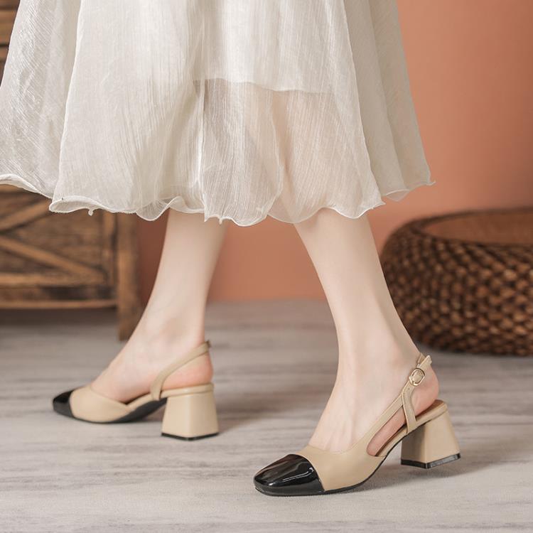 現貨真皮女鞋拼色2023夏外穿鞋子女生配裙工作穿粗跟包頭后空涼鞋-細節圖4