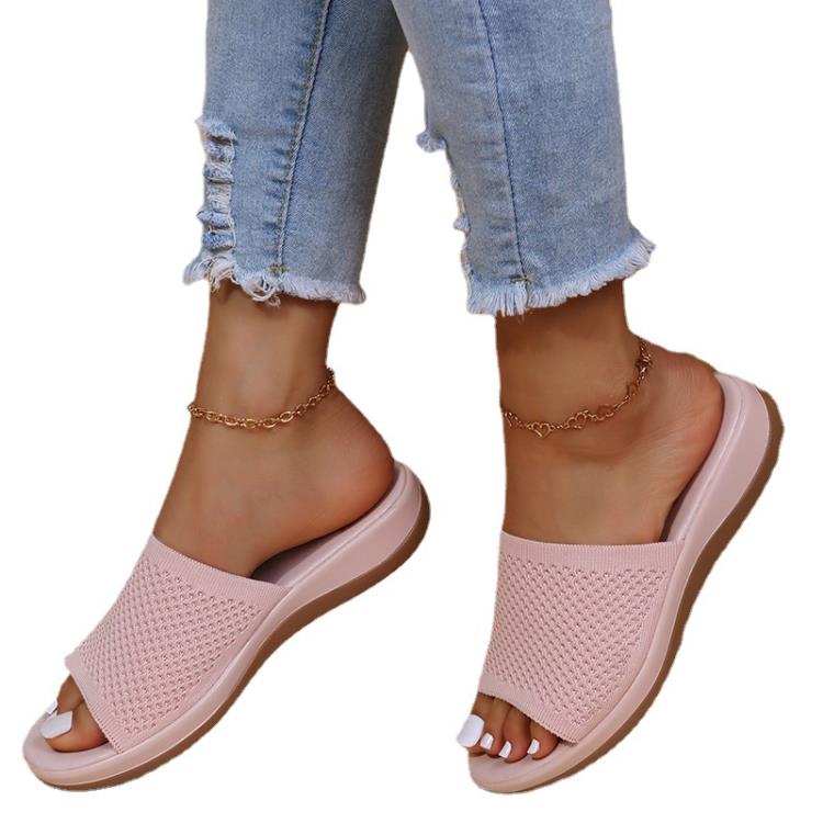 厚底鞋 涼鞋2023春夏新款針織36-43大碼平底拖鞋女批髮-細節圖5