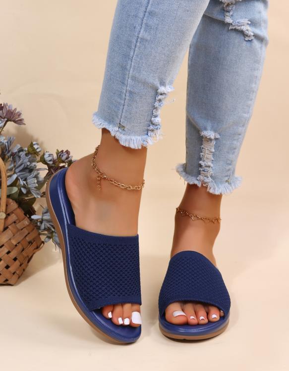 厚底鞋 涼鞋2023春夏新款針織36-43大碼平底拖鞋女批髮-細節圖6