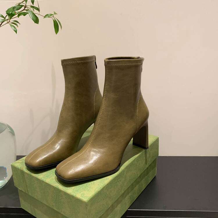 高跟鞋 全牛皮法式方頭踝靴23秋冬歐洲站復古馬丁靴煙筒靴短靴女-細節圖2