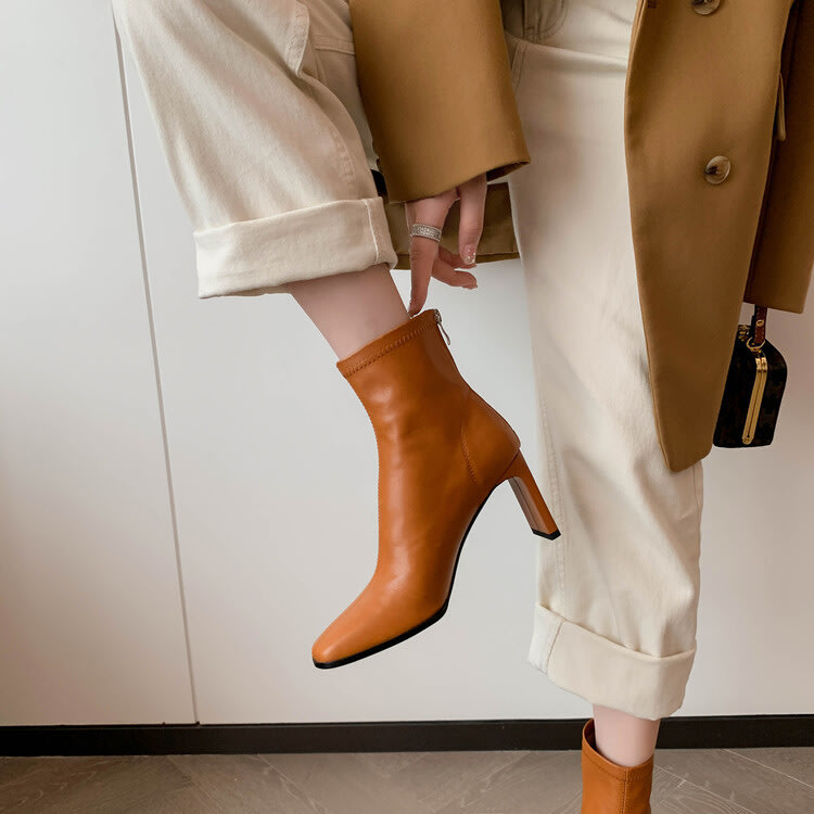高跟鞋 全牛皮法式方頭踝靴23秋冬歐洲站復古馬丁靴煙筒靴短靴女-細節圖3