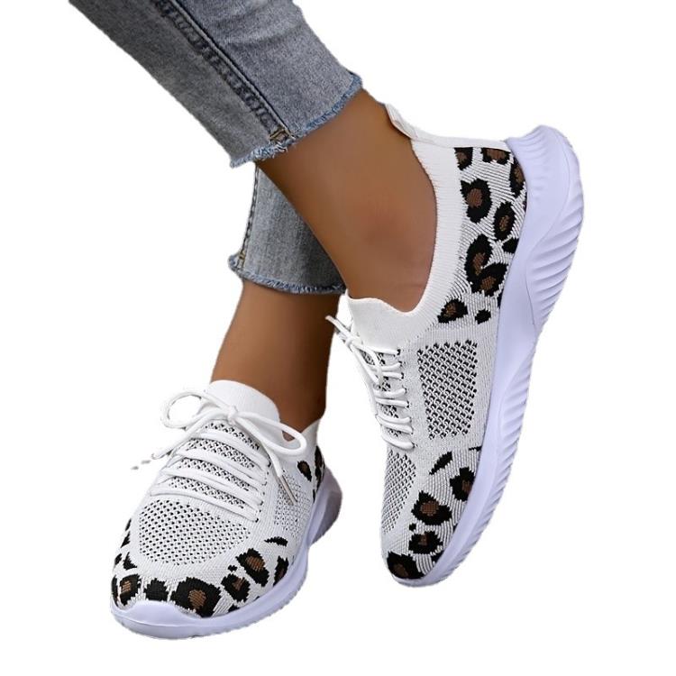 休閒鞋 大碼女鞋2023春季新款豹紋飛織坡跟網面運動單鞋女-細節圖5