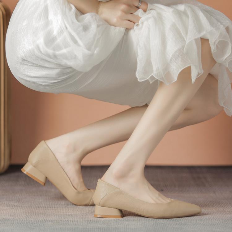 低跟鞋 裸色尖頭平底單鞋女春秋2023仙女軟底舒適上班職業面試工作鞋-細節圖2