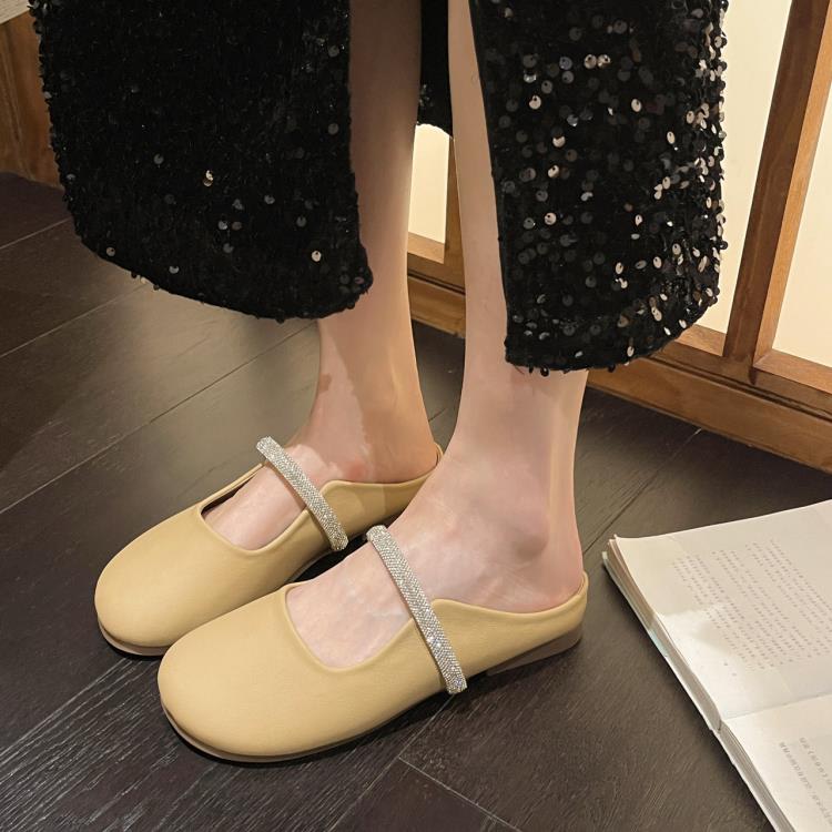 拖鞋 仙女風帶鉆包頭半女2023新款夏季法式平底單鞋ins潮仙女涼拖-細節圖3