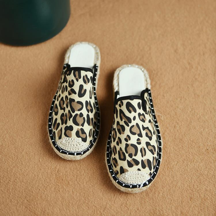 拖鞋 豹紋包頭涼拖2023年夏季新款女半拖平底漁夫鞋麻底一腳蹬女鞋代髮-細節圖6