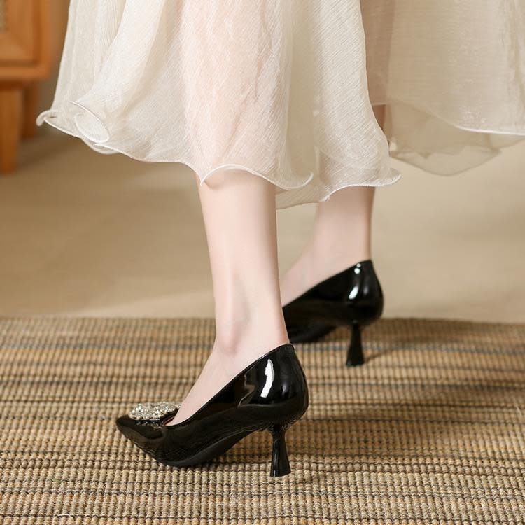 中跟鞋 復古單鞋女2023年春秋新款淺口細跟方扣小香風方頭高跟鞋女-細節圖4