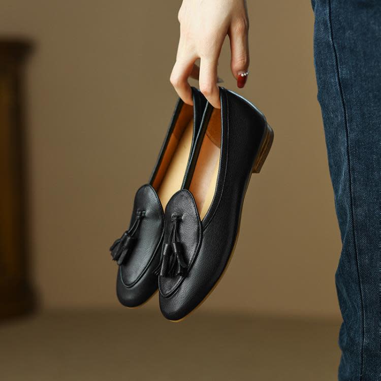 樂福鞋 2023春季新款女鞋平底低跟時裝鞋豆豆鞋復古淺口羊皮單鞋-細節圖2