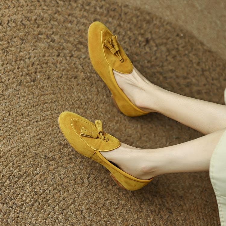 樂福鞋 2023春季新款女鞋平底低跟時裝鞋豆豆鞋復古淺口羊皮單鞋-細節圖4