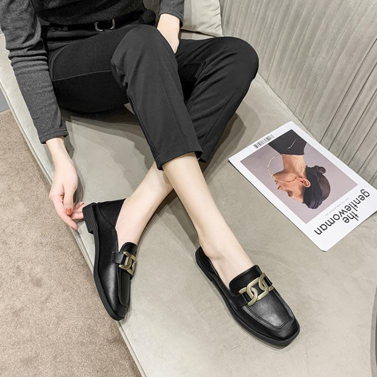 樂福鞋 2023新款大碼單鞋女 平底奶奶英倫風鞋 一腳蹬小皮鞋988-57-細節圖6