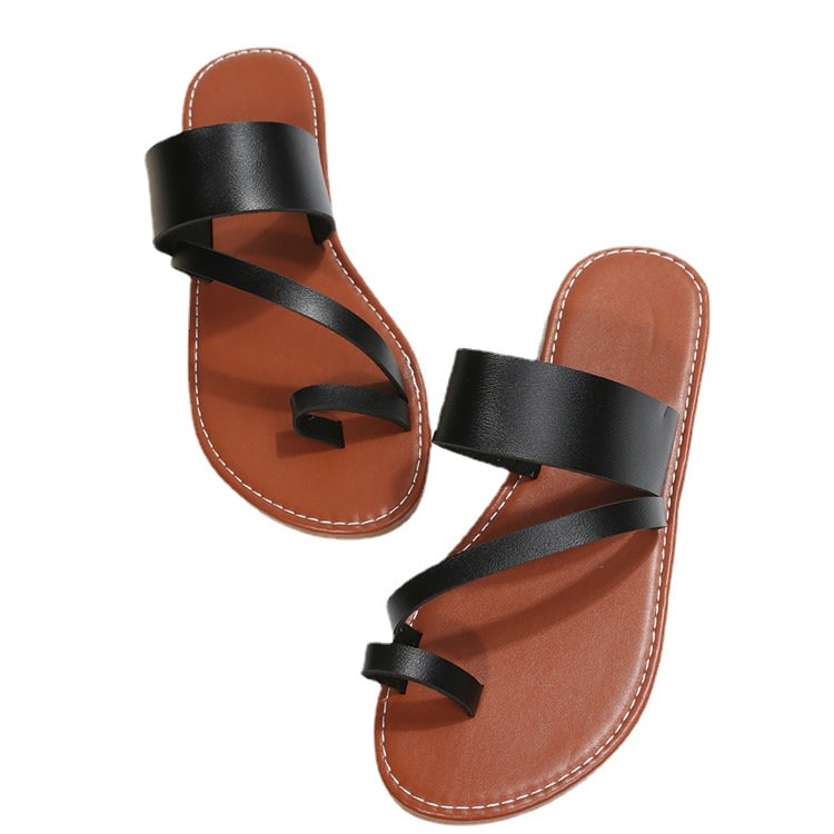 拖鞋 歐美大碼2023春新款簡約時尚一字式平底涼拖女Womenslippers-細節圖5