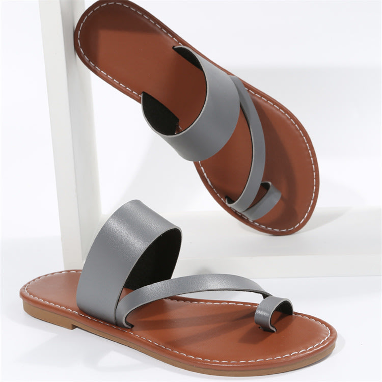 拖鞋 歐美大碼2023春新款簡約時尚一字式平底涼拖女Womenslippers-細節圖6