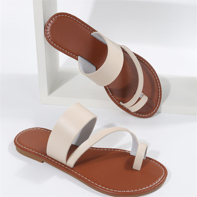 拖鞋 歐美大碼2023春新款簡約時尚一字式平底涼拖女Womenslippers-細節圖9