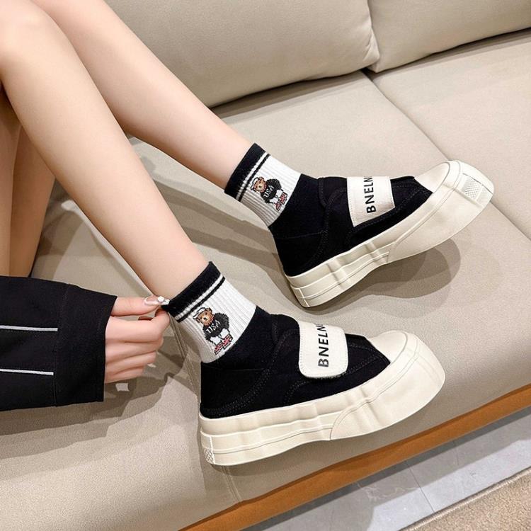 厚底鞋 歐洲站大頭丑萌帆布鞋女2023春季新款魔術貼二穿休閒百搭板鞋-細節圖2
