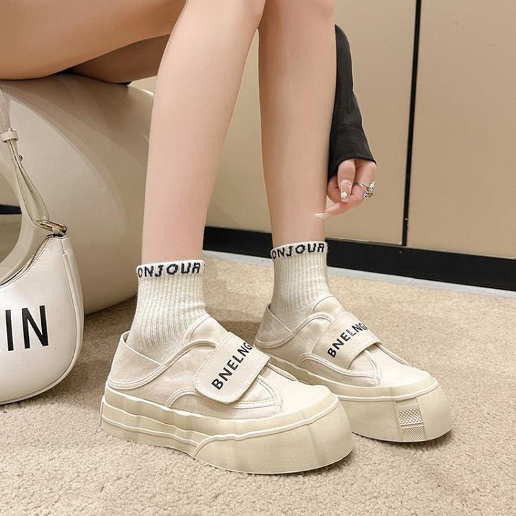 厚底鞋 歐洲站大頭丑萌帆布鞋女2023春季新款魔術貼二穿休閒百搭板鞋-細節圖3