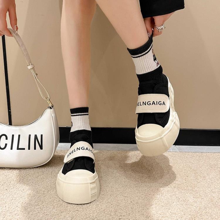 厚底鞋 歐洲站大頭丑萌帆布鞋女2023春季新款魔術貼二穿休閒百搭板鞋-細節圖4