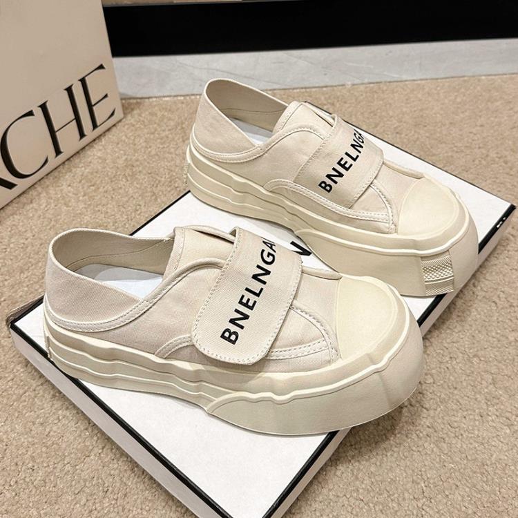 厚底鞋 歐洲站大頭丑萌帆布鞋女2023春季新款魔術貼二穿休閒百搭板鞋-細節圖6