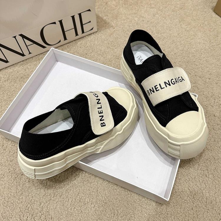 厚底鞋 歐洲站大頭丑萌帆布鞋女2023春季新款魔術貼二穿休閒百搭板鞋-細節圖7