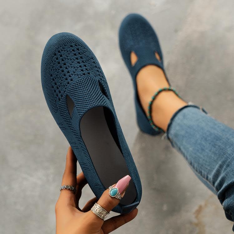 平底鞋 歐美大碼飛織單鞋女圓頭透氣網面工作鞋Nudeshoes-細節圖2