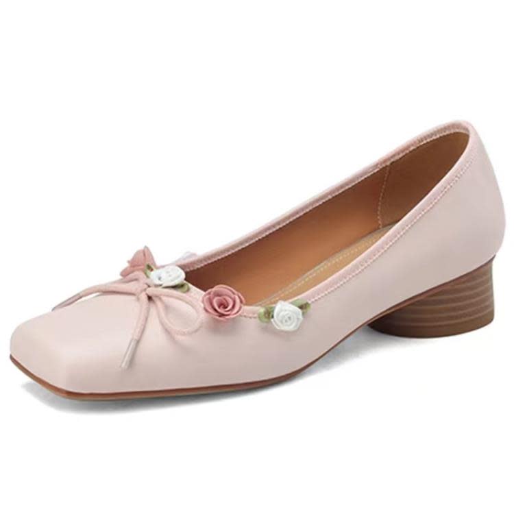 瑪麗珍鞋女2023春夏新款法式仙女氣質淺口粗跟花朵蝴蝶結方頭單鞋-細節圖5