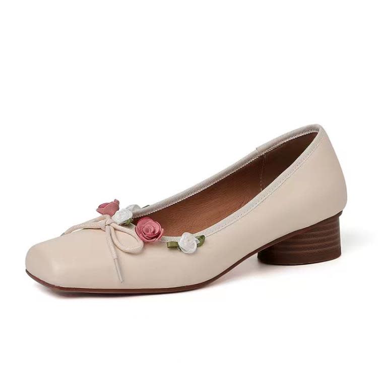 瑪麗珍鞋女2023春夏新款法式仙女氣質淺口粗跟花朵蝴蝶結方頭單鞋-細節圖7