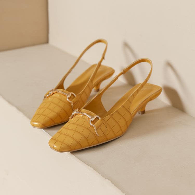 高跟鞋 8189-1歐美時尚方頭鞋淺口細跟金屬扣后空包頭石頭紋百搭涼鞋-細節圖2